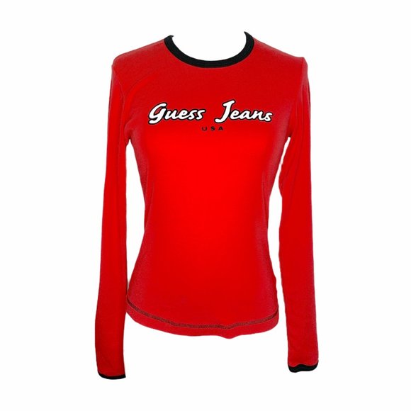Vintage 90s Y2K Guess Red Long Sleeve Logo Top - Picture 2 of 8